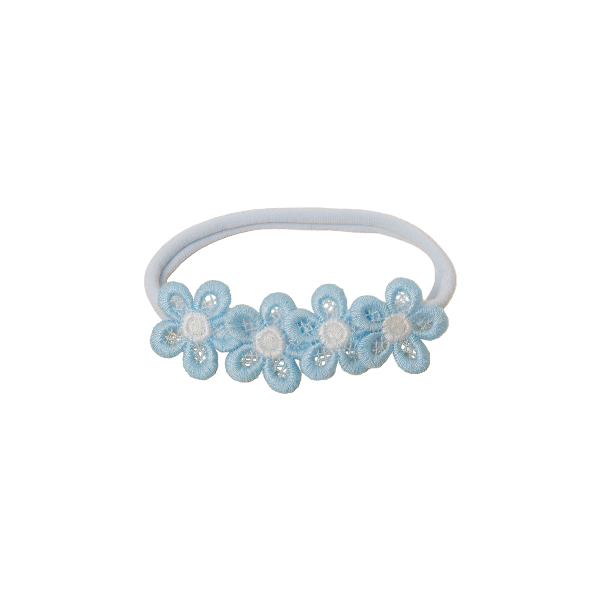 Maisie lace daisy chain baby headband in cruise blue, four embroidered lace daisies with white centres on a skinny nylon band, Sommerfugl Kids