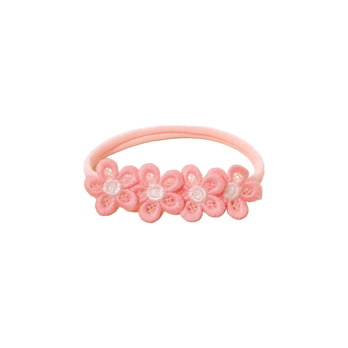 Maisie lace daisy chain baby headband in flamingo, four coral pink embroidered lace daisies with white centres on a skinny nylon band, Sommerfugl Kids