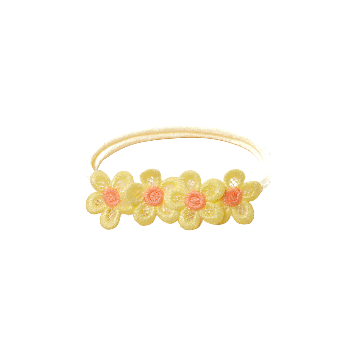 Maisie lace daisy chain baby headband in lemon, four pale yellow embroidered lace daisies with peach centres on a skinny nylon band, Sommerfugl Kids