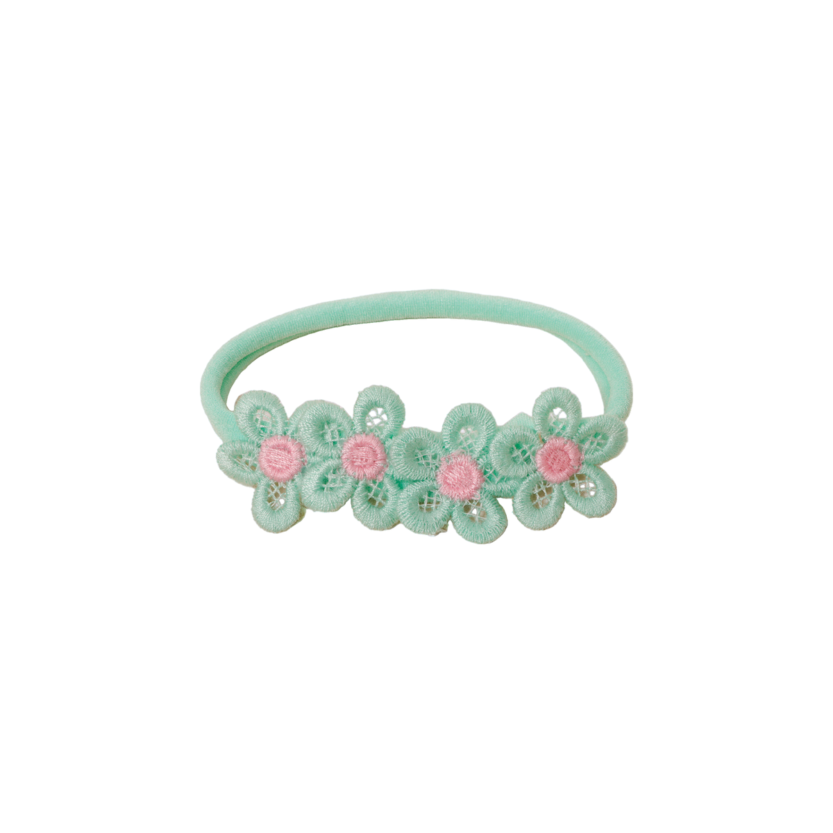 Maisie lace daisy chain baby headband in mint, four mint green embroidered lace daisies with pink centres on a skinny nylon band, Sommerfugl Kids