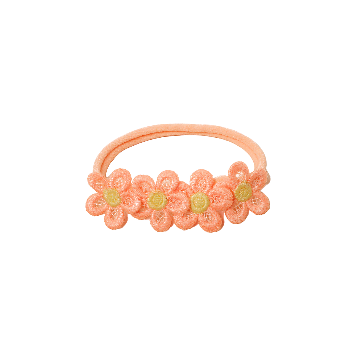 Maisie lace daisy chain baby headband in peach, four apricot embroidered lace daisies with yellow centres on a skinny nylon band, Sommerfugl Kids
