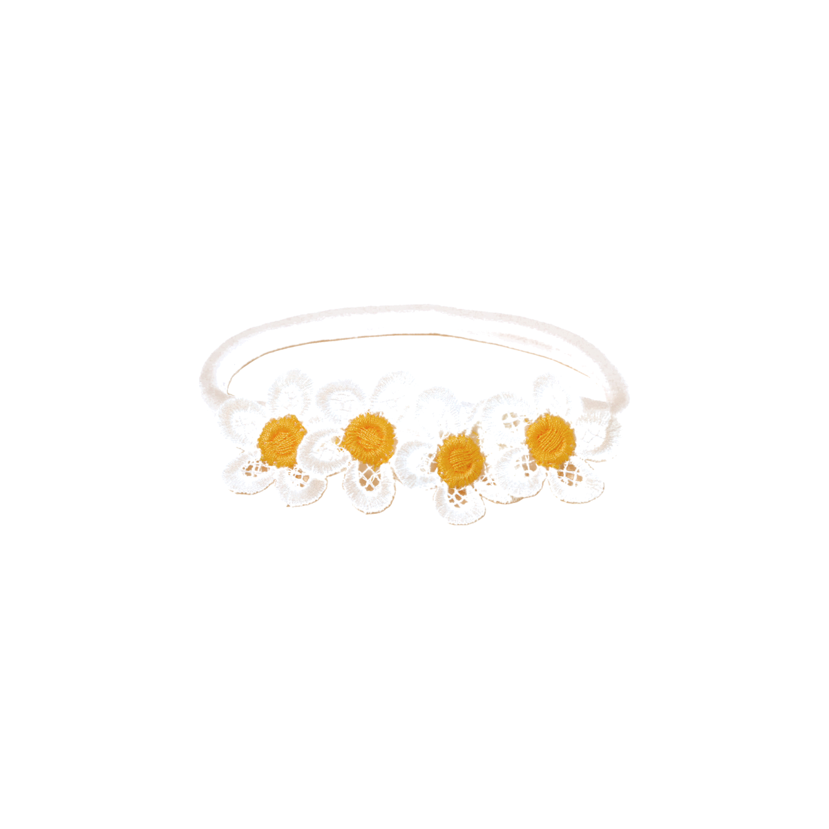 Maisie lace daisy chain baby headband in white, four white embroidered lace daisies with yellow centres on a skinny nylon band, Sommerfugl Kids