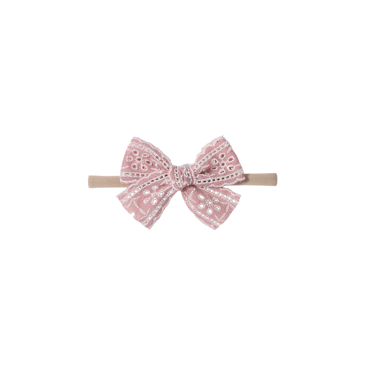Matilda broderie baby bow headband in flamingo, light broderie anglaise bow with eyelet ladders and scalloped edges on a soft nylon band, Sommerfugl Kids