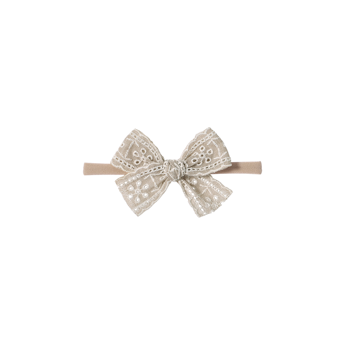 Matilda broderie baby bow headband in latte, light broderie anglaise bow with eyelet ladders and scalloped edges on a soft nylon band, Sommerfugl Kids