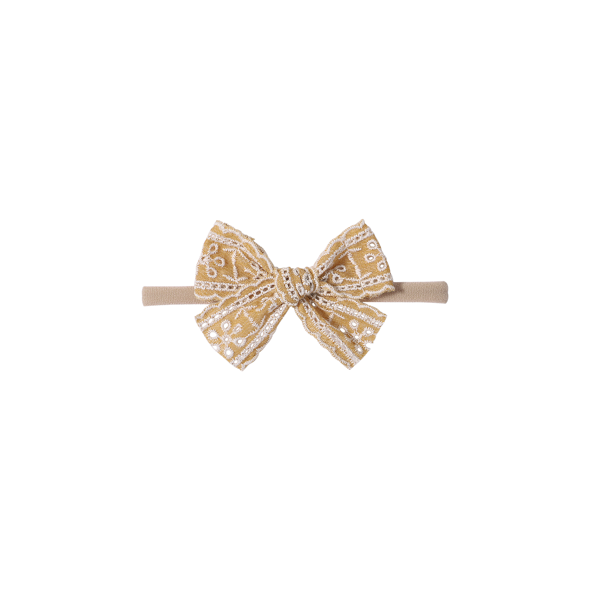 Matilda broderie baby bow headband in mustard, light broderie anglaise bow with eyelet ladders and scalloped edges on a soft nylon band, Sommerfugl Kids