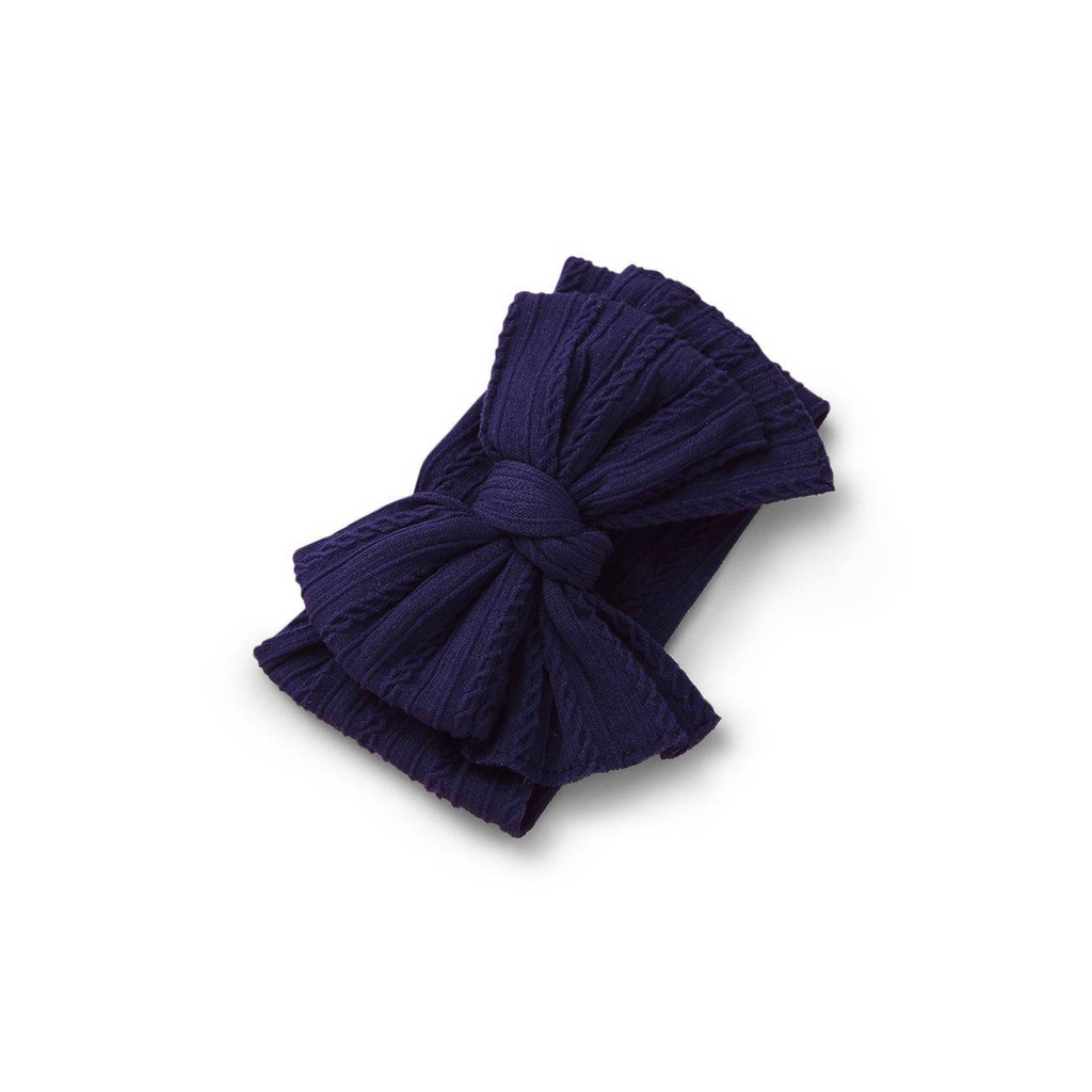 Navy blue nylon ear detail baby headband with bow detail — Bowie Double Bow Headband on white background