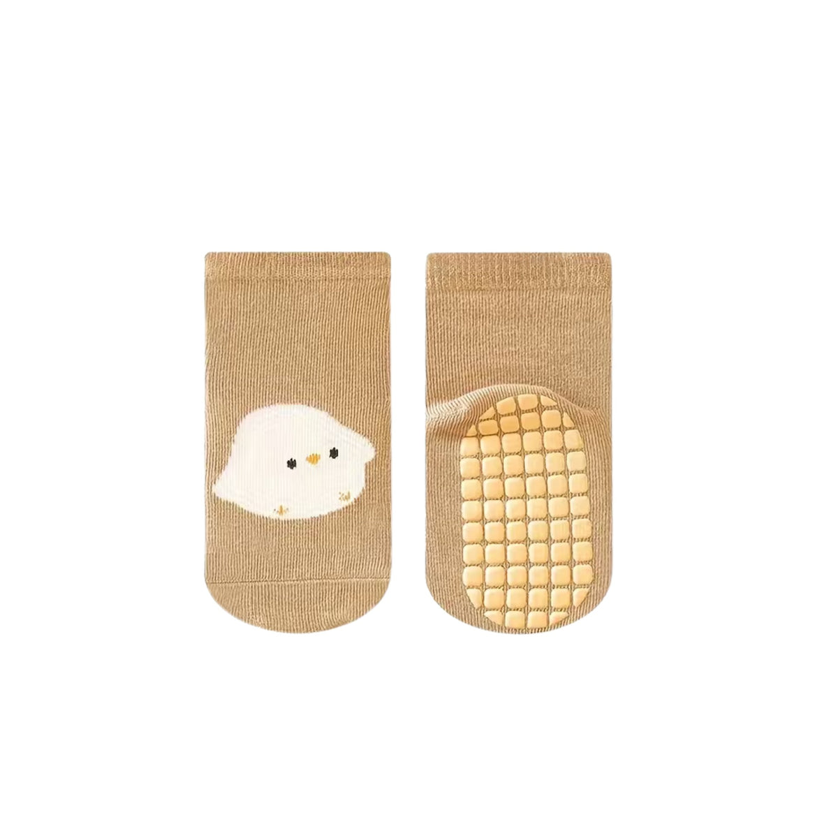 Nugget chick baby grip socks in oat, white chick with yellow beak knitted on the side and yellow grip dots on the sole, Sommerfugl Kids
