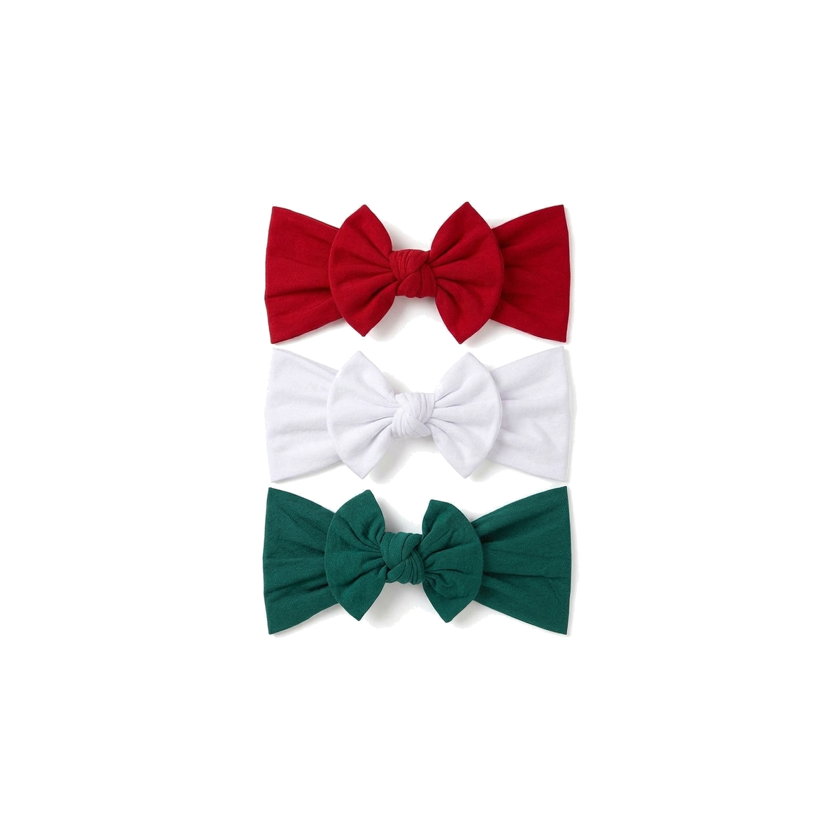 Three wide knotted nylon bow baby headbands in rouge red, white and pine green from the Merry festive Christmas set