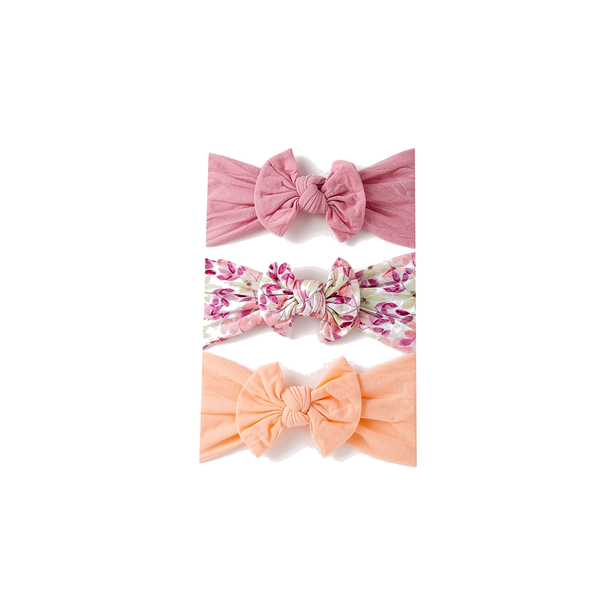 Three wide knotted nylon bow baby headbands in dusty flamingo pink, berry leaf floral and peach from the Polly flamingo set