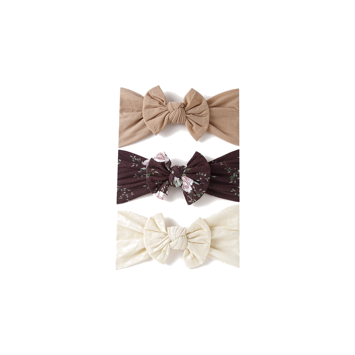 Three wide knotted nylon bow baby headbands in latte, chocolate rose floral and cream from the Polly latte set