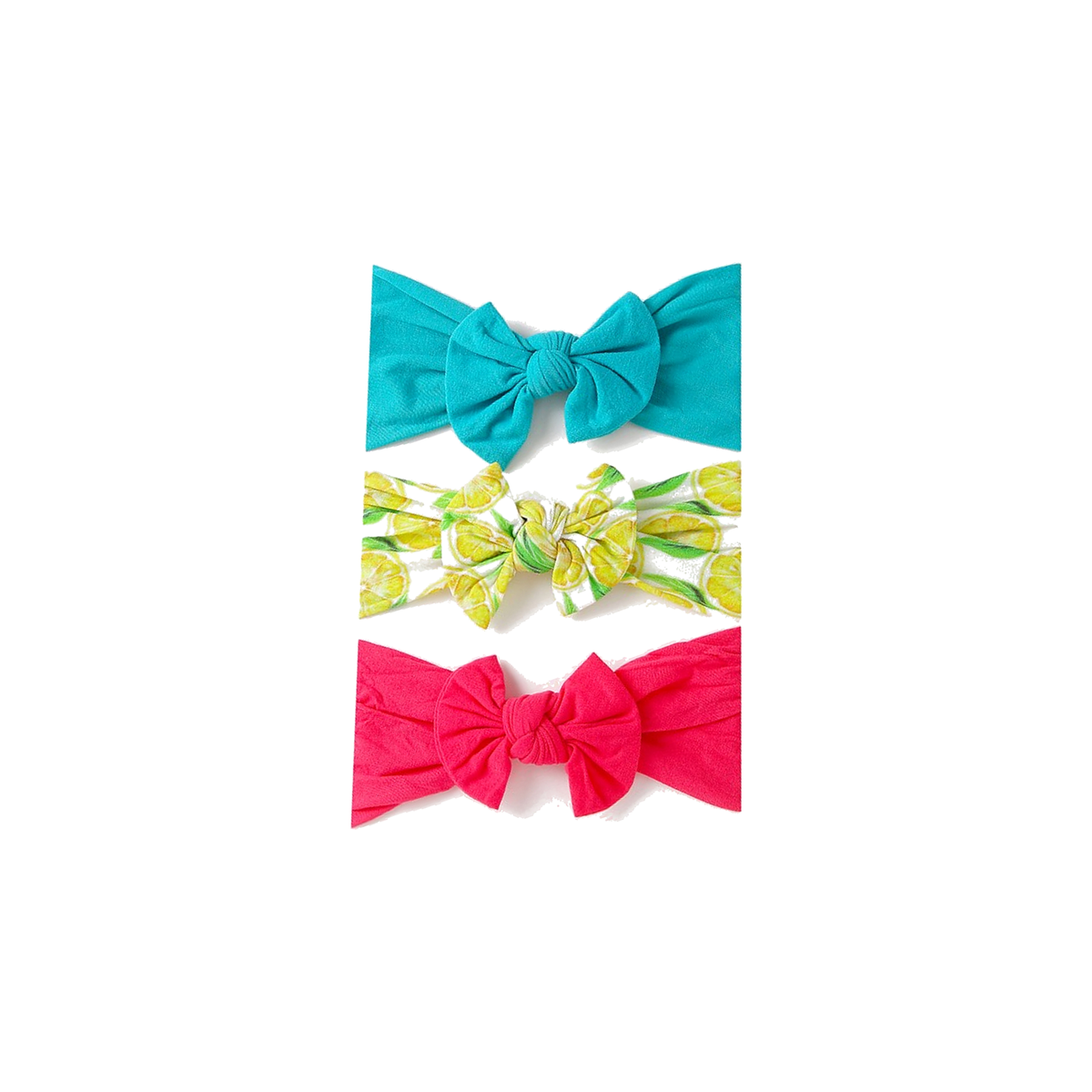 Three wide knotted nylon bow baby headbands in lipstick pink, bright aqua and lemon print from the Polly lipstick set