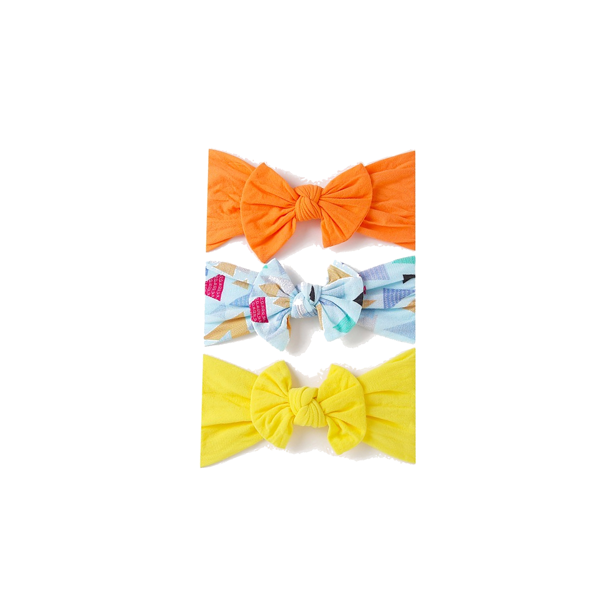 Three wide knotted nylon bow baby headbands in bright orange, sky blue party print and yellow from the Polly orange set