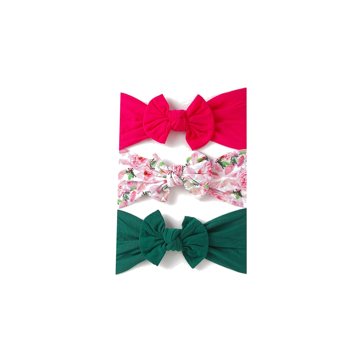 Three wide knotted nylon bow baby headbands in pine green, hot pink and pink rose floral from the Polly pine green set