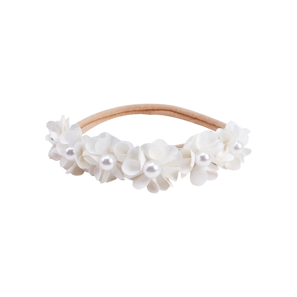 Opal pearl flower baby headband in ivory, soft fabric flowers with faux pearl centres on a nude stretch band, Sommerfugl Kids