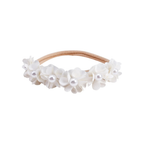 Opal pearl flower baby headband in ivory, soft fabric flowers with faux pearl centres on a nude stretch band, Sommerfugl Kids