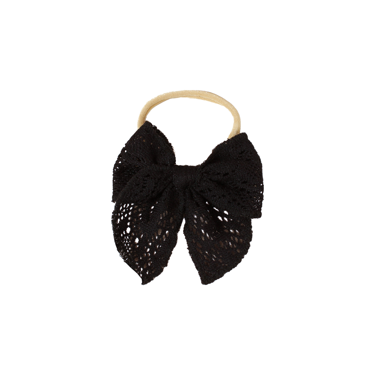 Peggy crochet lace baby bow headband in black, oversized openwork lace sailor bow with long tails on a skinny nylon band, Sommerfugl Kids