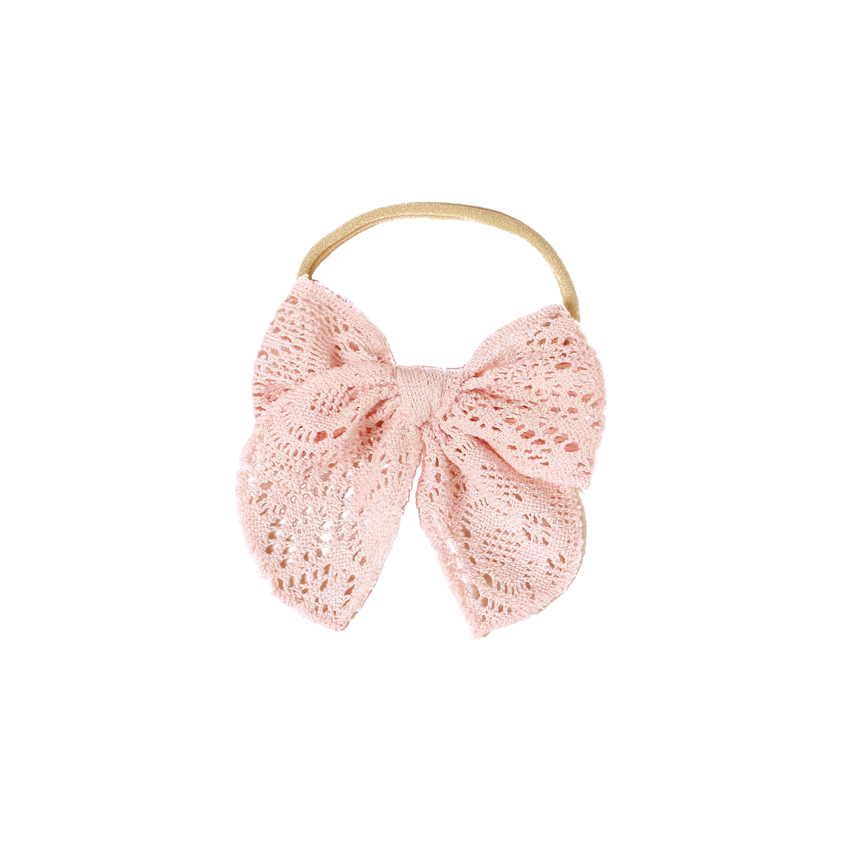 Peggy crochet lace baby bow headband in blush, oversized pale pink openwork lace sailor bow with long tails on a skinny nylon band, Sommerfugl Kids