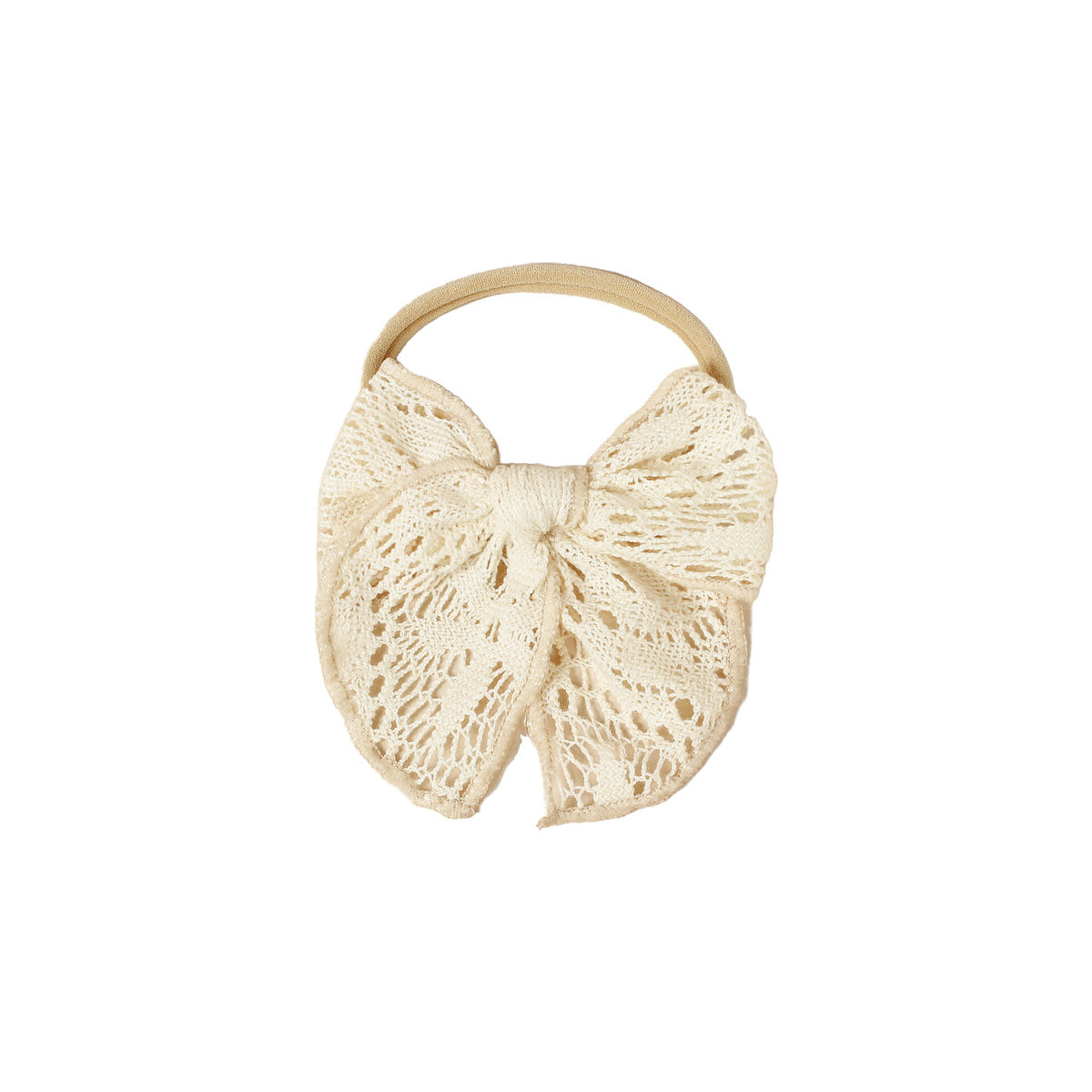 Peggy crochet lace baby bow headband in ivory, oversized cream openwork lace sailor bow with long tails on a skinny nylon band, Sommerfugl Kids