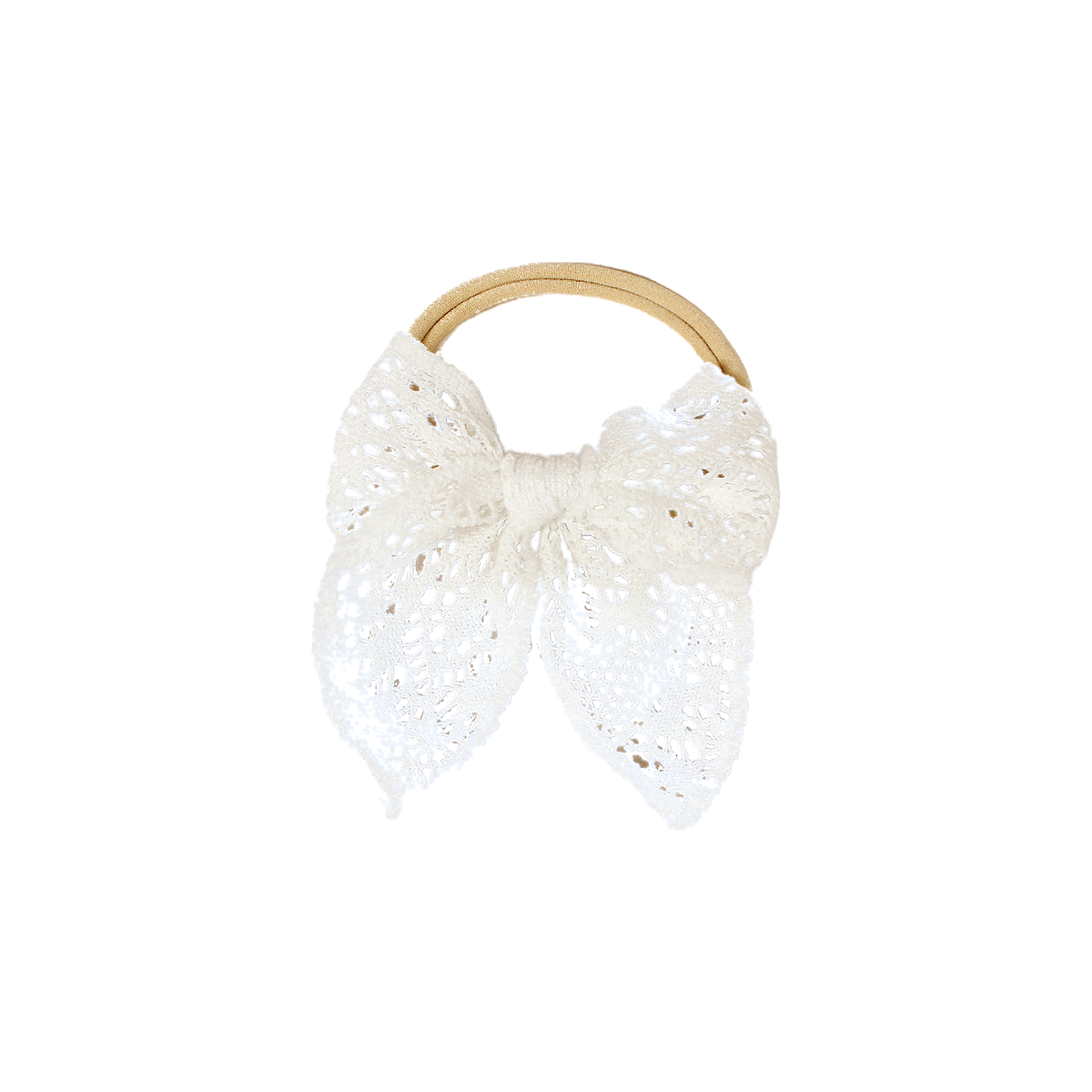 Peggy crochet lace baby bow headband in white, oversized white openwork lace sailor bow with long tails on a skinny nylon band, Sommerfugl Kids