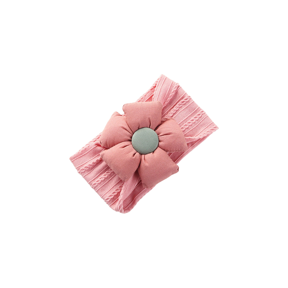 Pillow cable knit puff flower baby headband in blush pink with a sage centre button