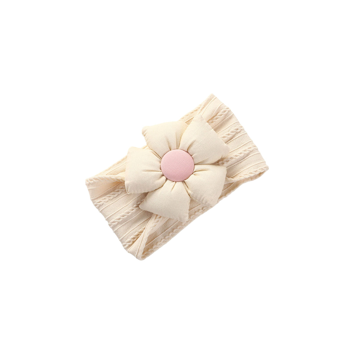 Pillow cable knit puff flower baby headband in chalk cream with a tonal flower and blush centre button
