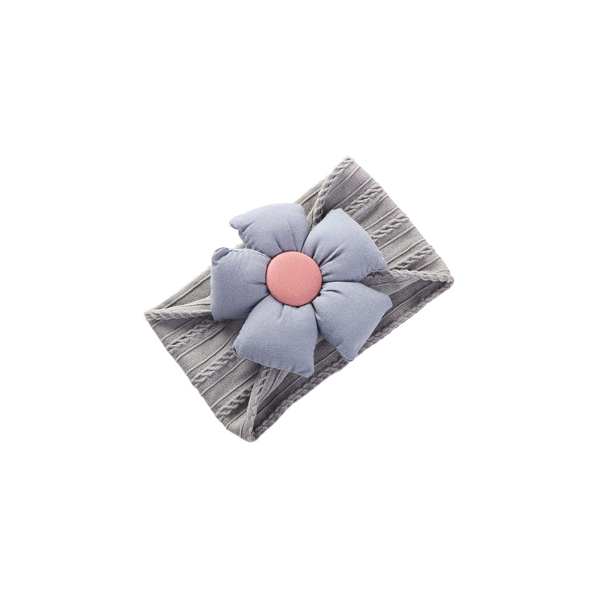 Pillow cable knit puff flower baby headband in grey with a powder blue flower and blush centre button