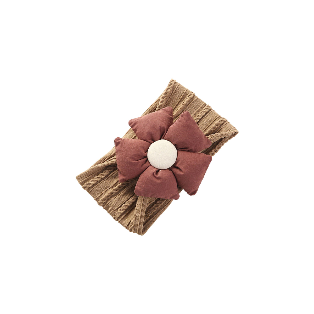 Pillow cable knit puff flower baby headband in latte with a rust flower and cream centre button
