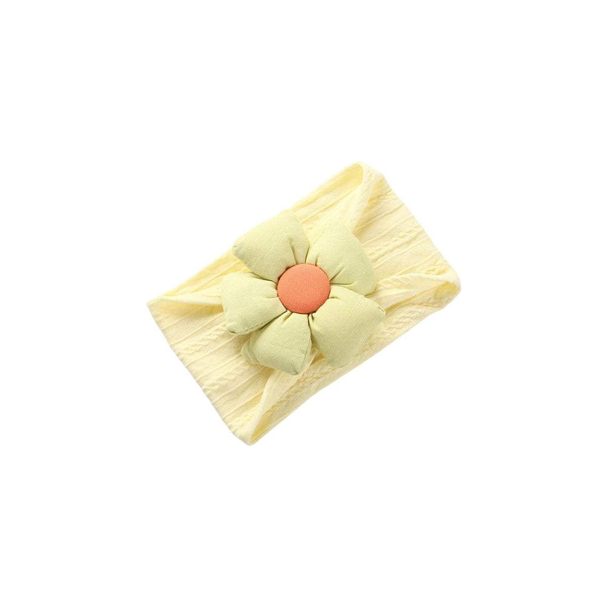 Pillow cable knit puff flower baby headband in pale lemon with a mint green flower and coral centre button