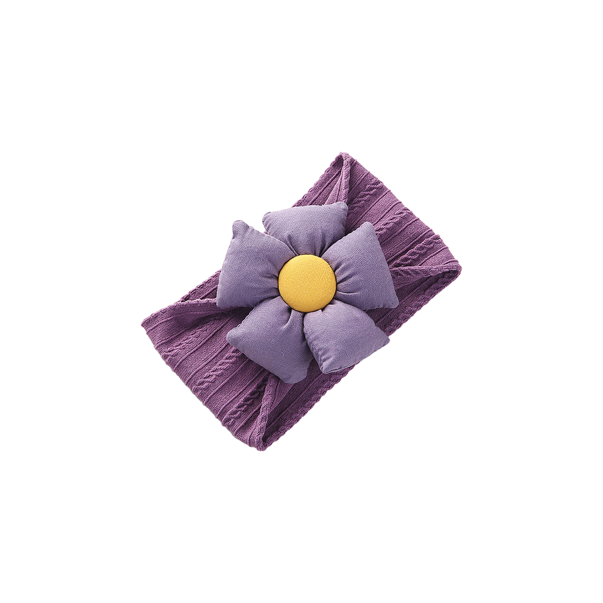 Pillow cable knit puff flower baby headband in mauve with a lavender flower and mustard centre button