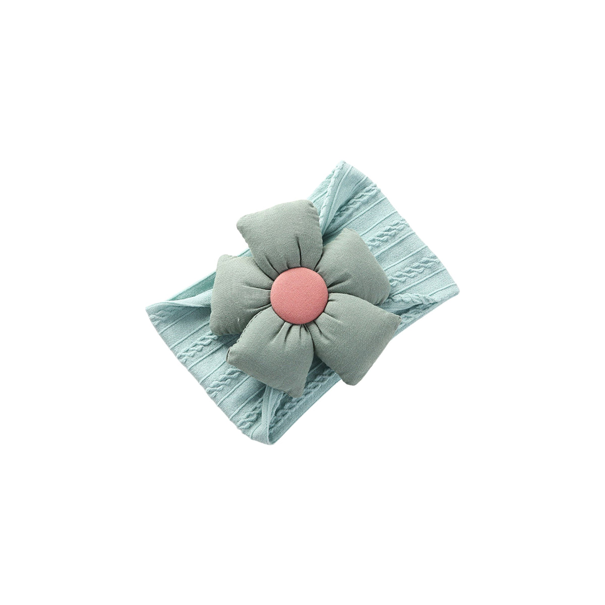 Pillow cable knit puff flower baby headband in mint with a sage green flower and blush centre button