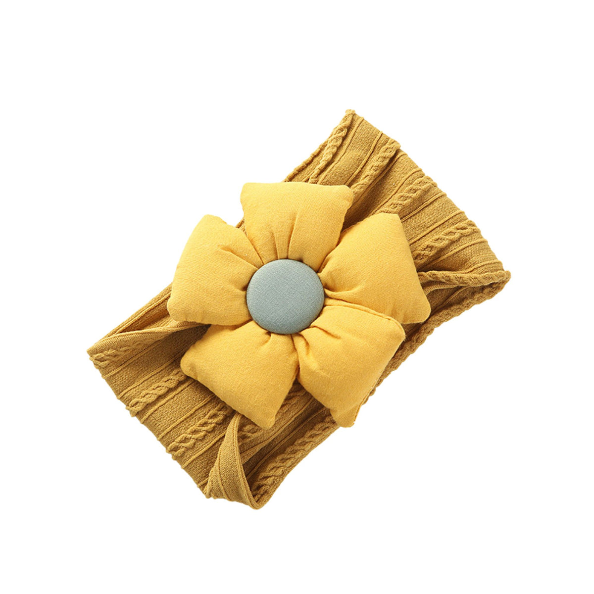 Pillow cable knit puff flower baby headband in mustard with a tonal flower and sage centre button