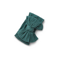 Pine green nylon ear detail baby headband with bow detail — Bowie Double Bow Headband on white background