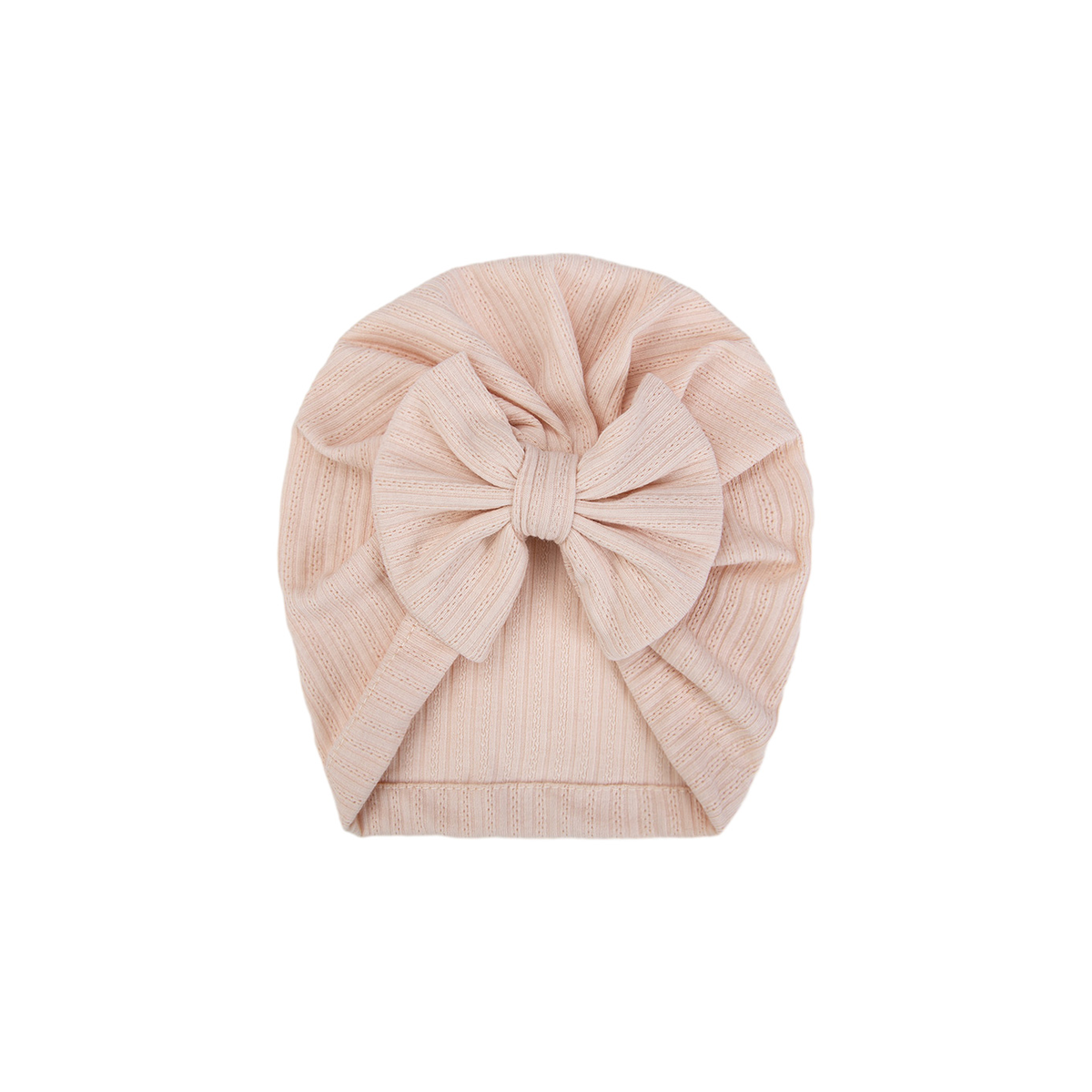Pip bow baby turban in beige, soft pinky beige ribbed knit with a little front bow
