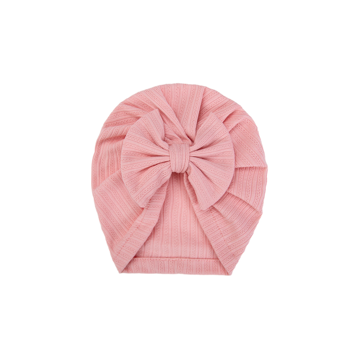 Pip bow baby turban in blush, soft pink ribbed knit with a little front bow
