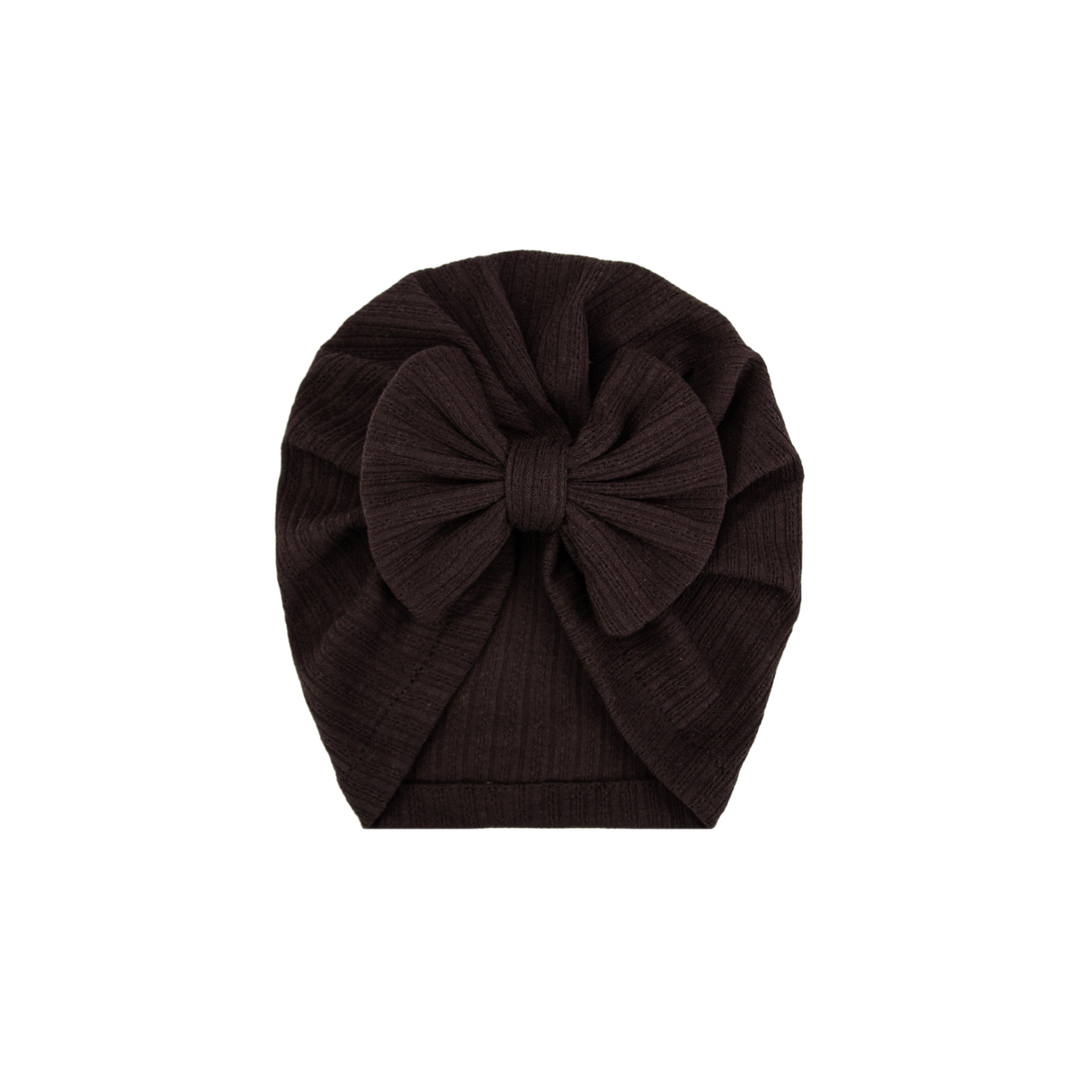 Pip bow baby turban in brown, deep chocolate ribbed knit with a little front bow
