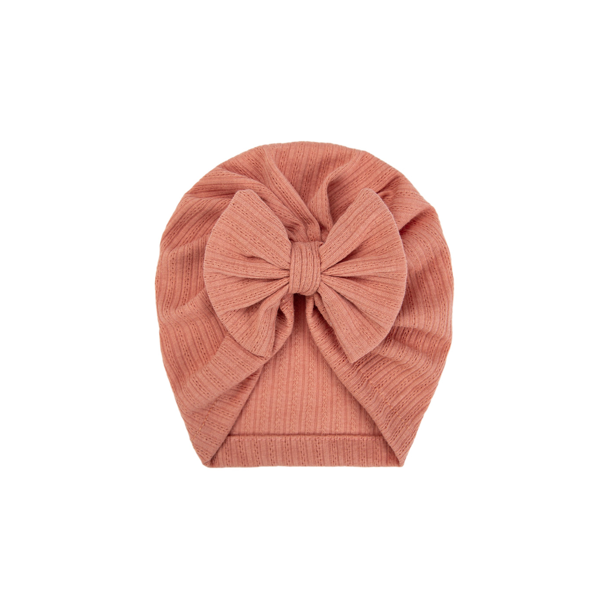 Pip bow baby turban in flamingo, warm coral pink ribbed knit with a little front bow