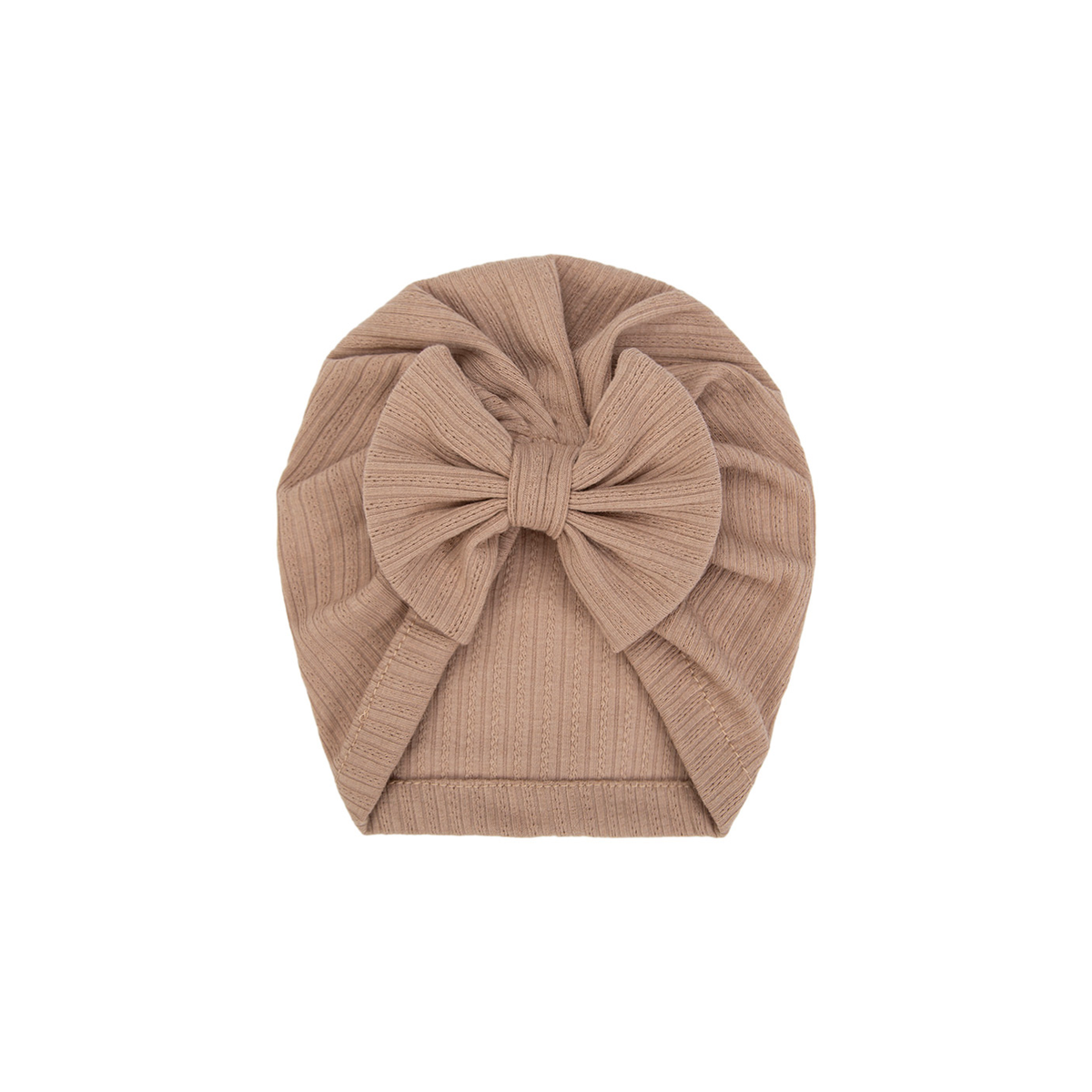 Pip bow baby turban in latte, warm creamy brown ribbed knit with a little front bow