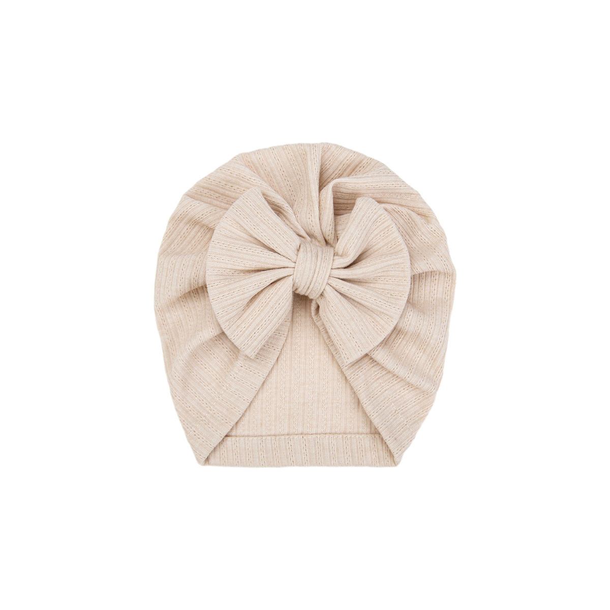 Pip bow baby turban in sand, warm beige ribbed knit with a little front bow