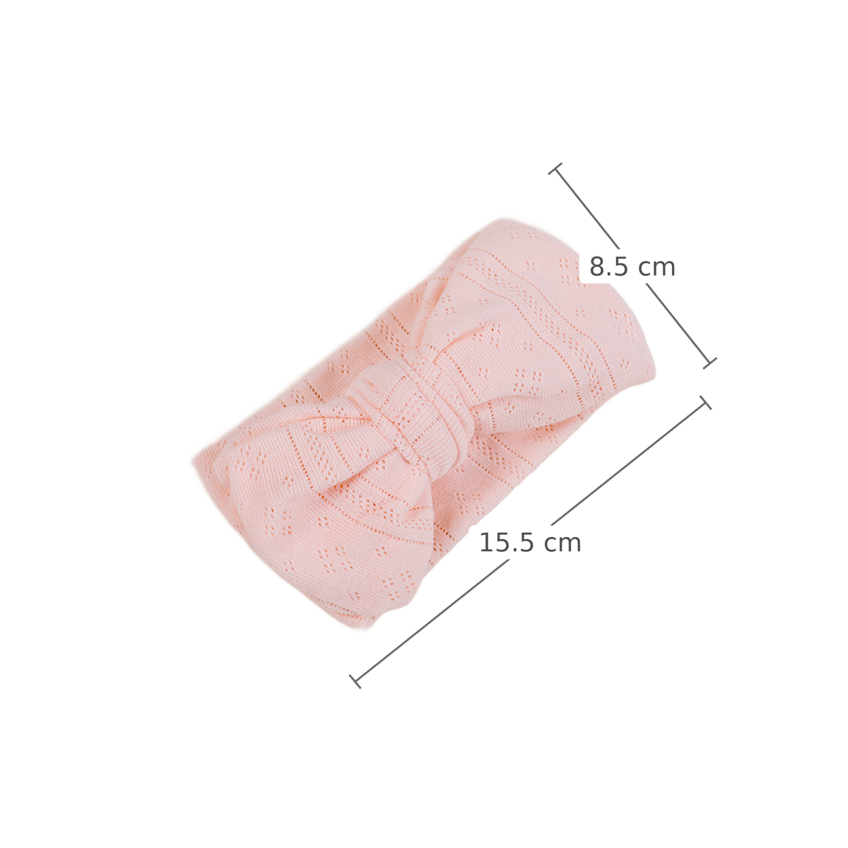 Pixie pointelle baby bow headband in blush, measurements 15.5 cm x 8.5 cm