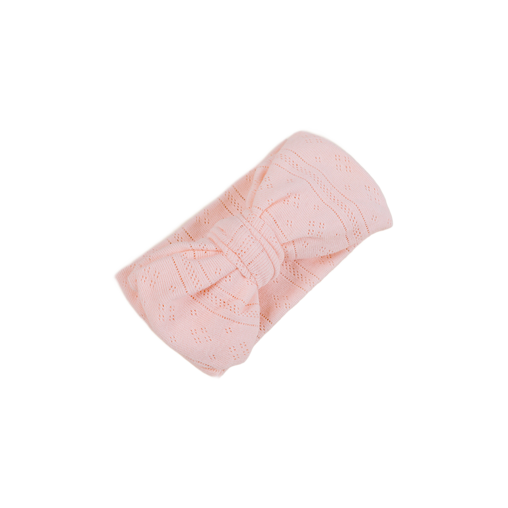 Pixie pointelle baby bow headband in blush