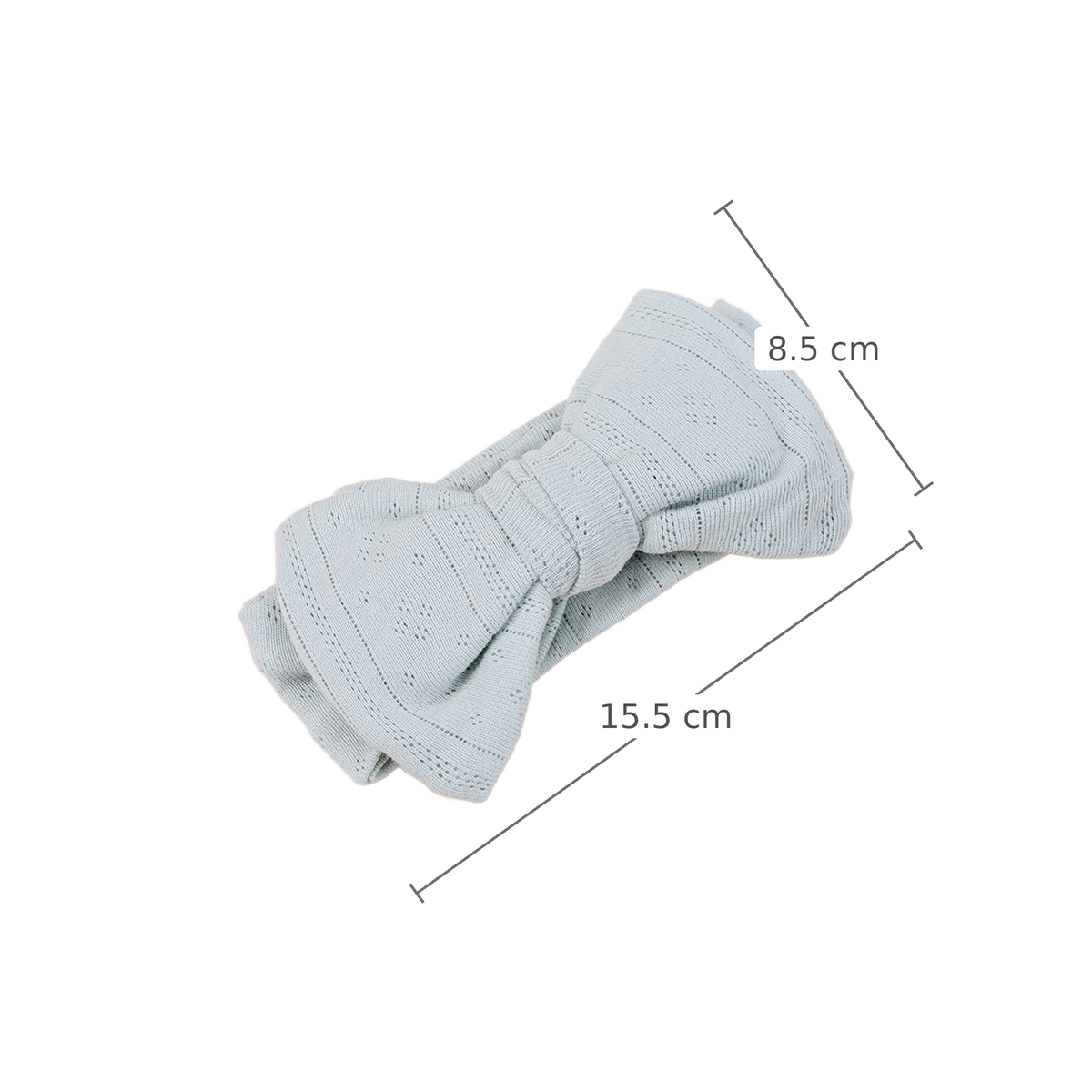 Pixie pointelle baby bow headband in cruise blue, measurements 15.5 cm x 8.5 cm