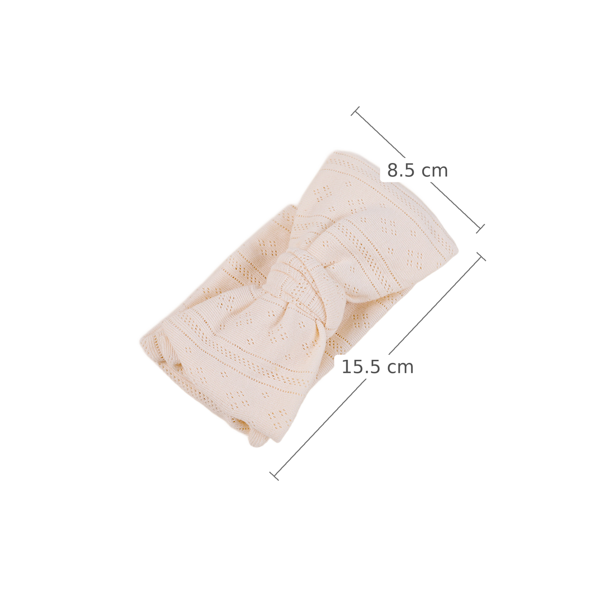 Pixie pointelle baby bow headband in ivory, measurements 15.5 cm x 8.5 cm