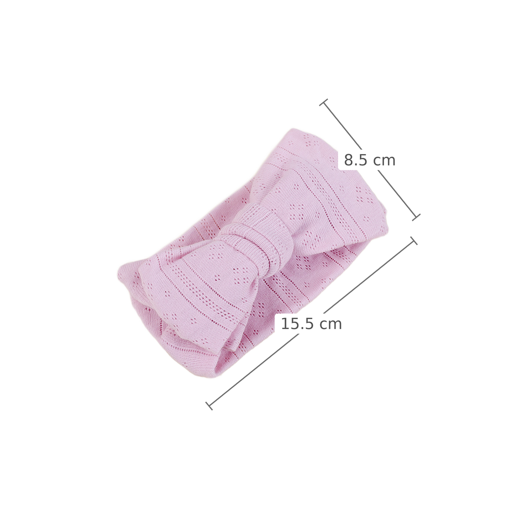 Pixie pointelle baby bow headband in lavender, measurements 15.5 cm x 8.5 cm