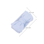 Pixie pointelle baby bow headband in powder blue, measurements 15.5 cm x 8.5 cm