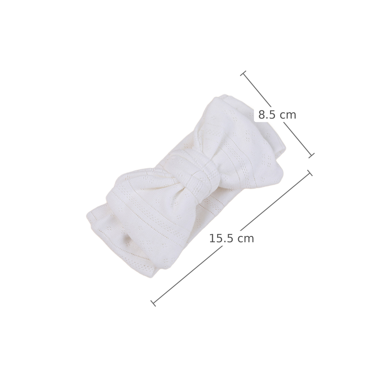 Pixie pointelle baby bow headband in white, measurements 15.5 cm x 8.5 cm