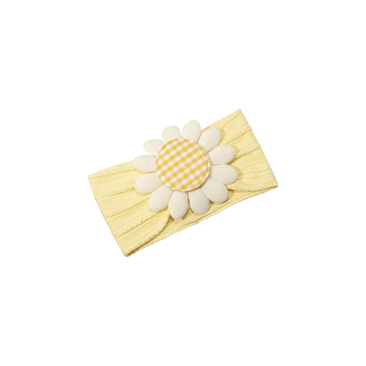 Poppy cable knit daisy baby headband in buttercup gingham