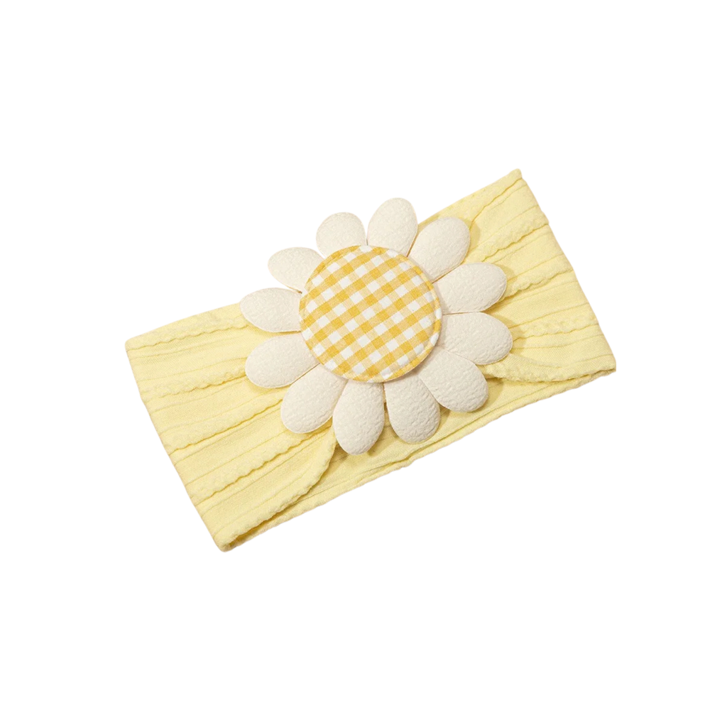 Buttercup yellow gingham cable knit daisy baby flower headband on white background