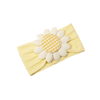 Buttercup yellow gingham cable knit daisy baby flower headband on white background
