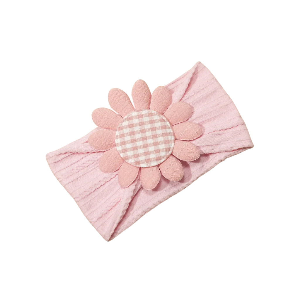 Fairy floss pink gingham cable knit daisy baby flower headband on white background