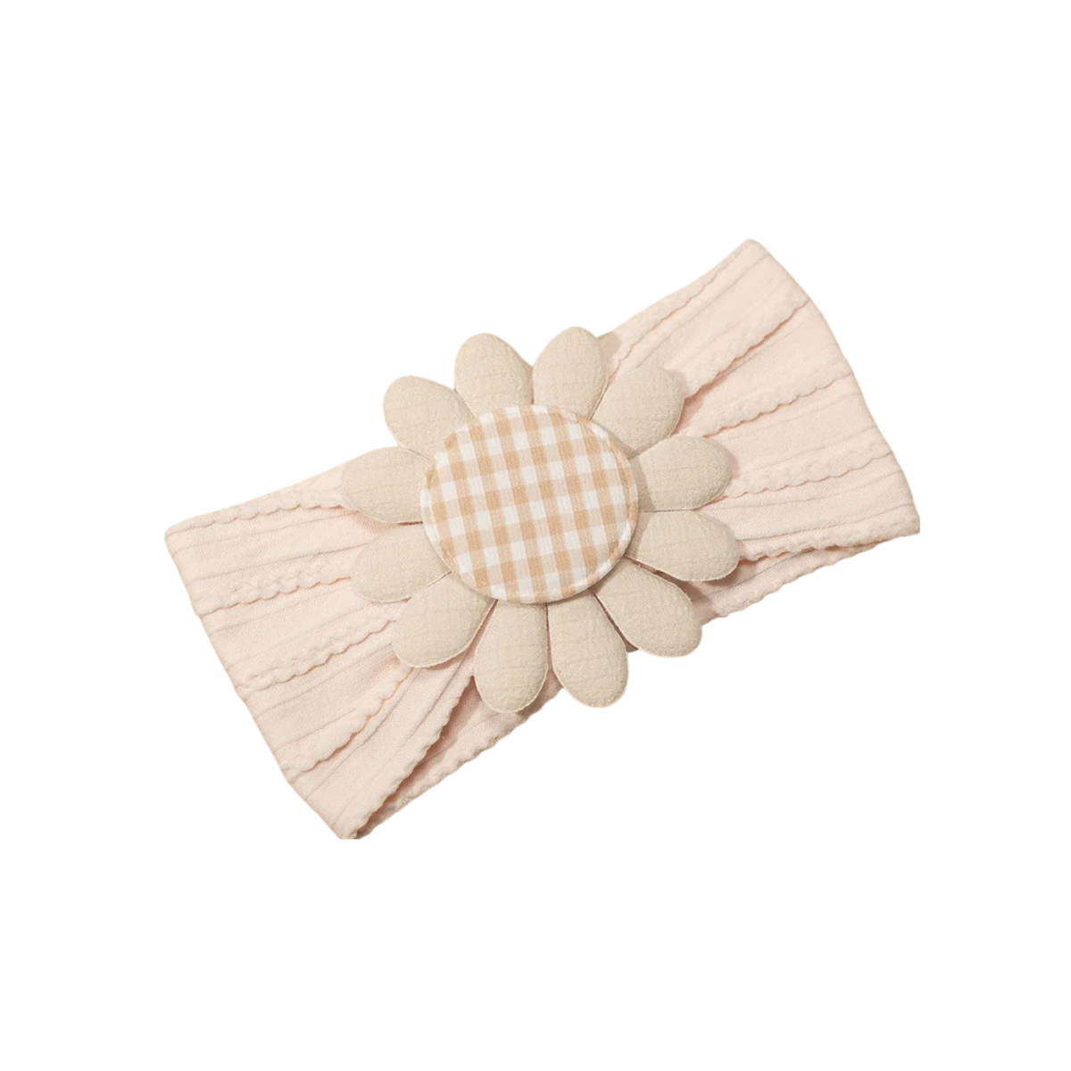 Sand gingham cable knit daisy baby flower headband on white background
